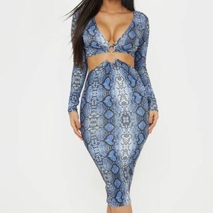 PLT Blue Snake Print Ring Detail Cut Out Dress